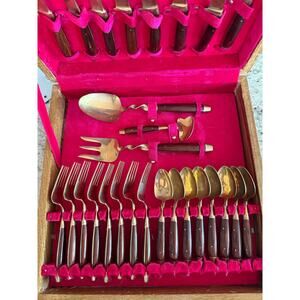 29-Piece Mid Century Modern Brass-Finished & Rosewood Flatware Set